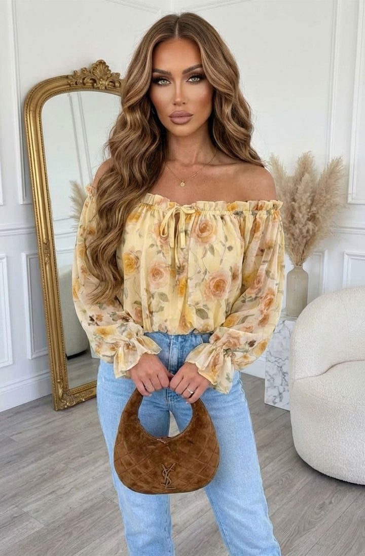 Claire Floral Bardot Off-Shoulder Frill Shirred Waist Shirt Blouse Top-Yellow