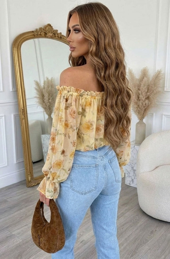Claire Floral Bardot Off-Shoulder Frill Shirred Waist Shirt Blouse Top-Yellow