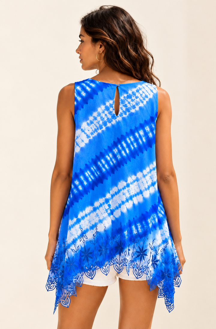 Desigual Gaelle Blue Tie Dye Sleeveless Tunic Top Embroidered Asymmetric