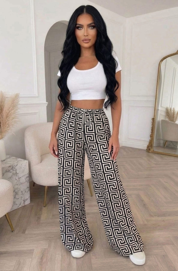 Cressida Greek Key Print Elasticated Waist Wide Leg Trousers-Ivory