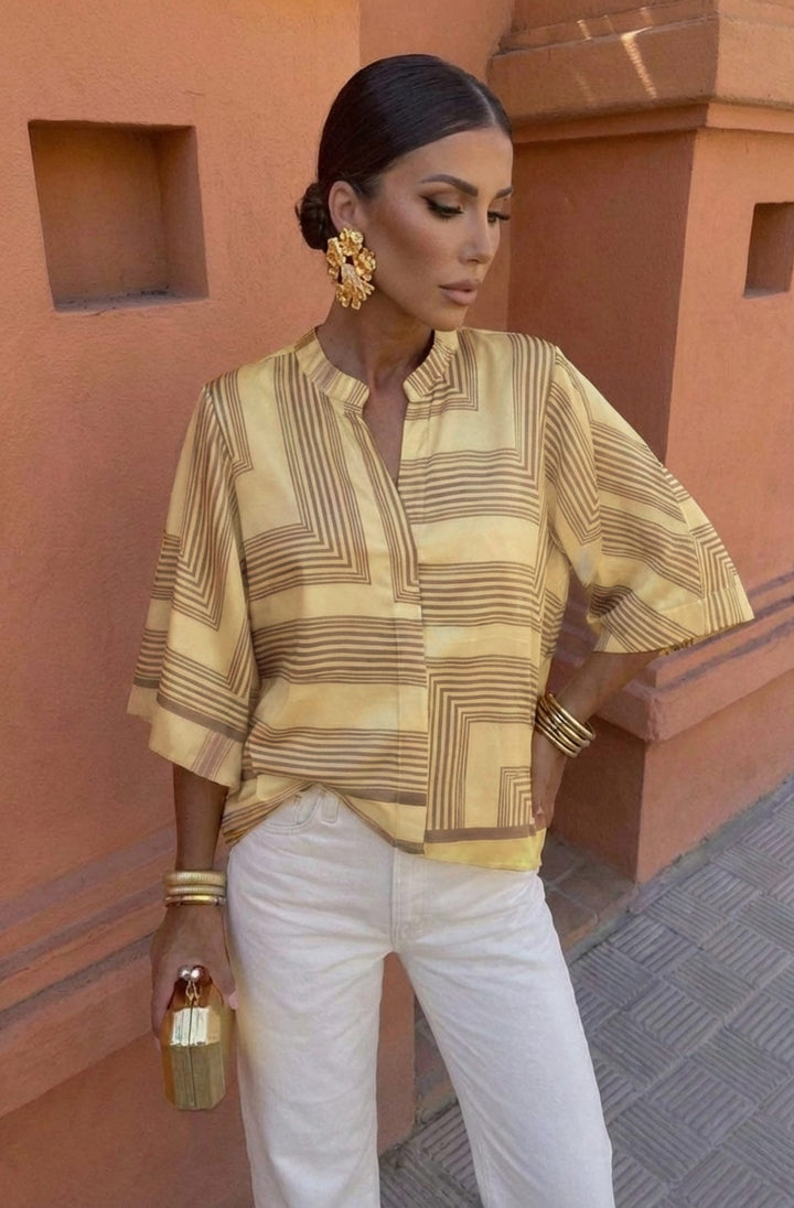 Damaris Satin Geometric Stripe Panel Print Kimono Sleeve Blouse Top-Yellow