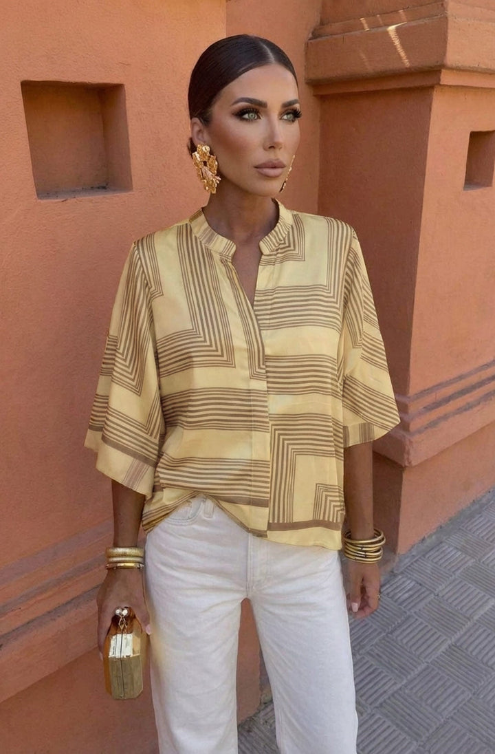Damaris Satin Geometric Stripe Panel Print Kimono Sleeve Blouse Top-Yellow