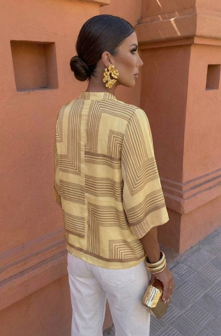 Damaris Satin Geometric Stripe Panel Print Kimono Sleeve Blouse Top-Yellow
