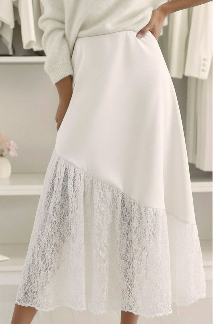Daria Satin Asymmetric Lace Midaxi Skirt-Ivory
