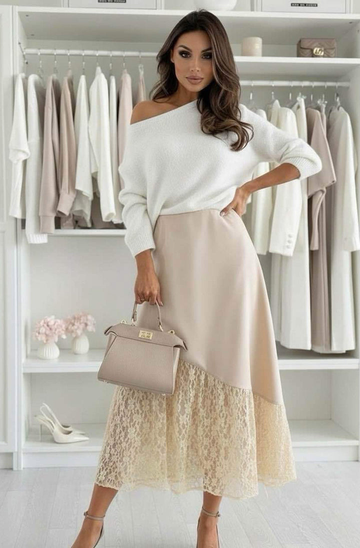 Daria Satin Asymmetric Lace Midaxi Skirt-Stone