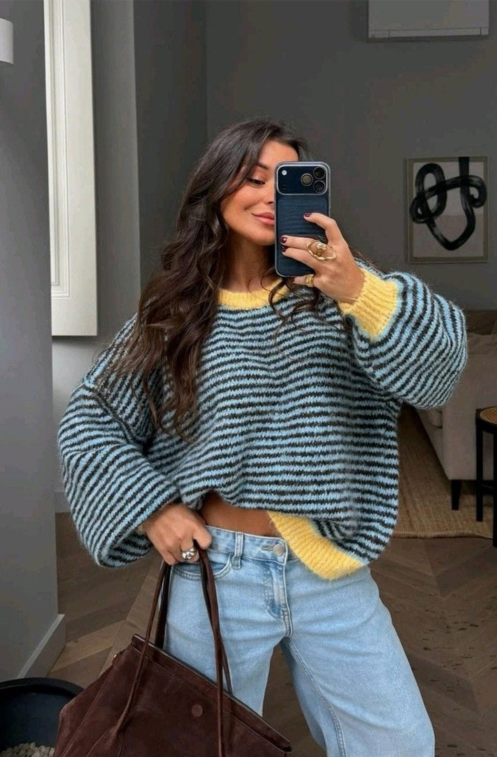 Derrin Striped Contrast Trim Oversized Knitted Jumper Sweater-Blue