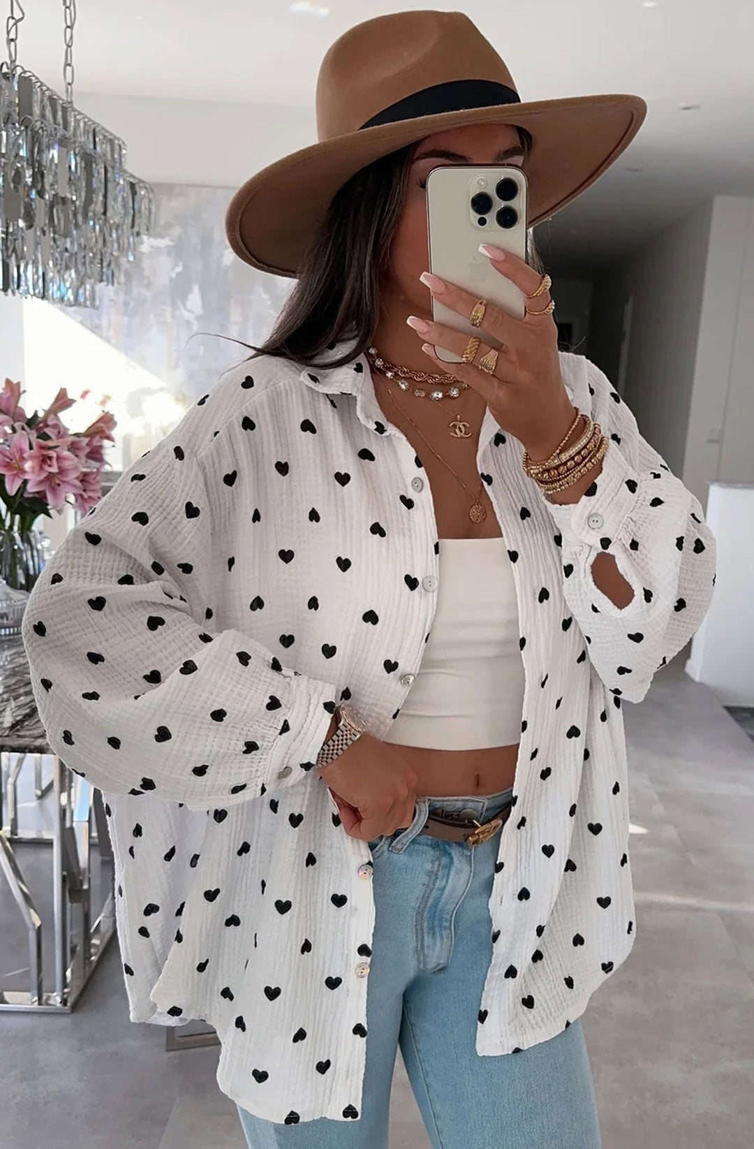 Dina 'Hearts' Printed Oversized Blouse Shirt Top-Ivory