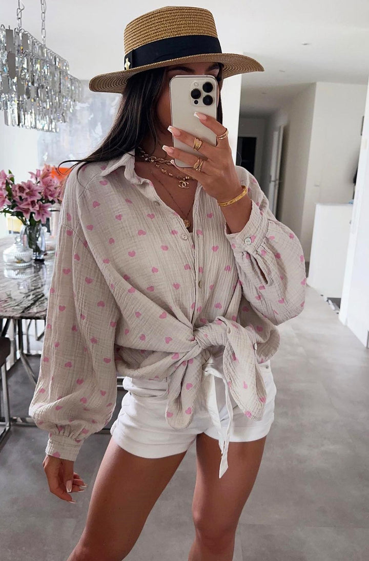 Dina 'Hearts' Print Oversized Cotton Gauze Style Blouse Shirt Top-Stone