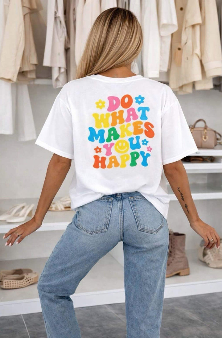 'Do What Makes You Happy' 🌈 Oversized Front & Back Graphic Print T-Shirt-Ivory