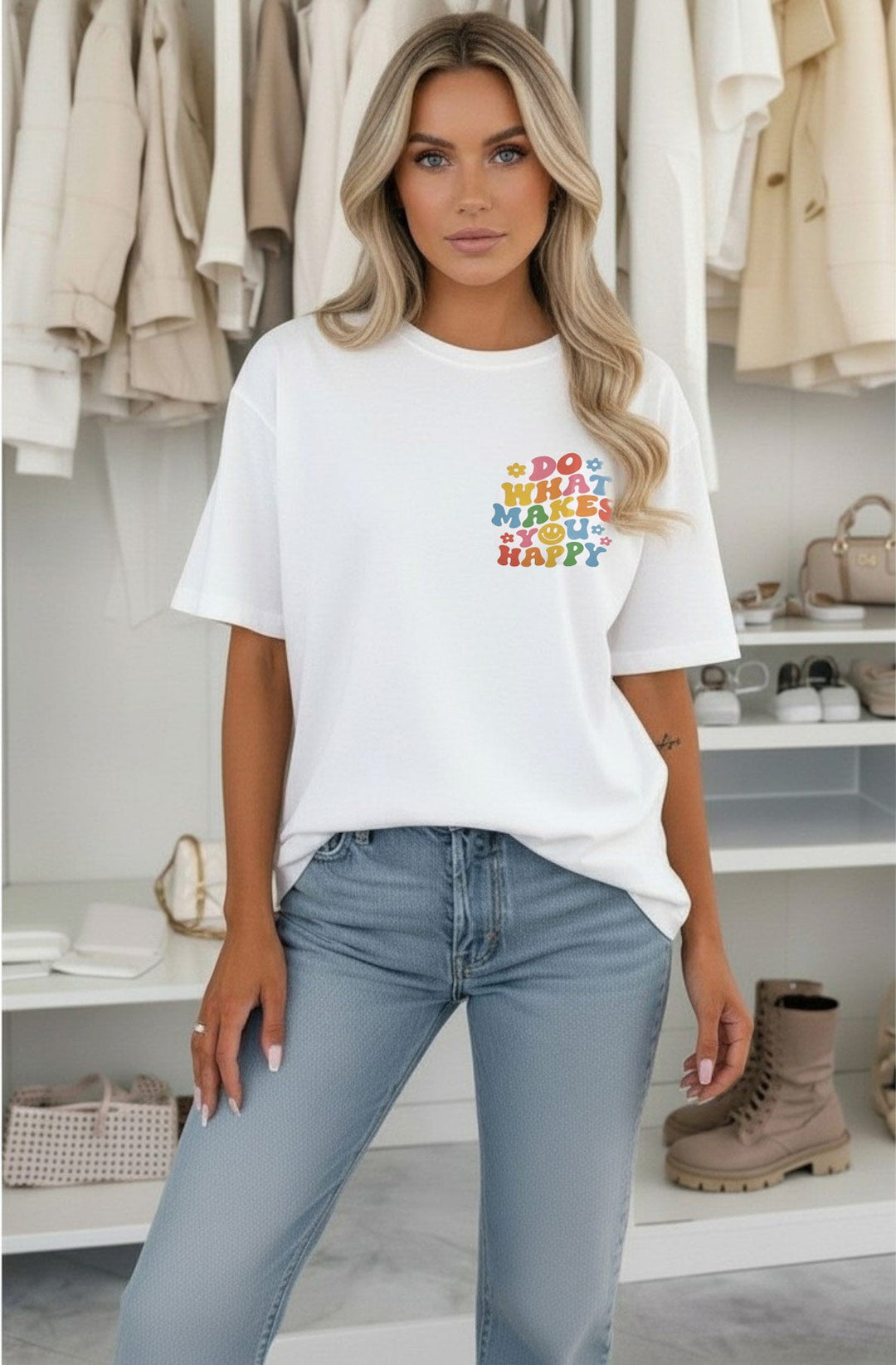 'Do What Makes You Happy' 🌈 Oversized Front & Back Graphic Print T-Shirt-Ivory
