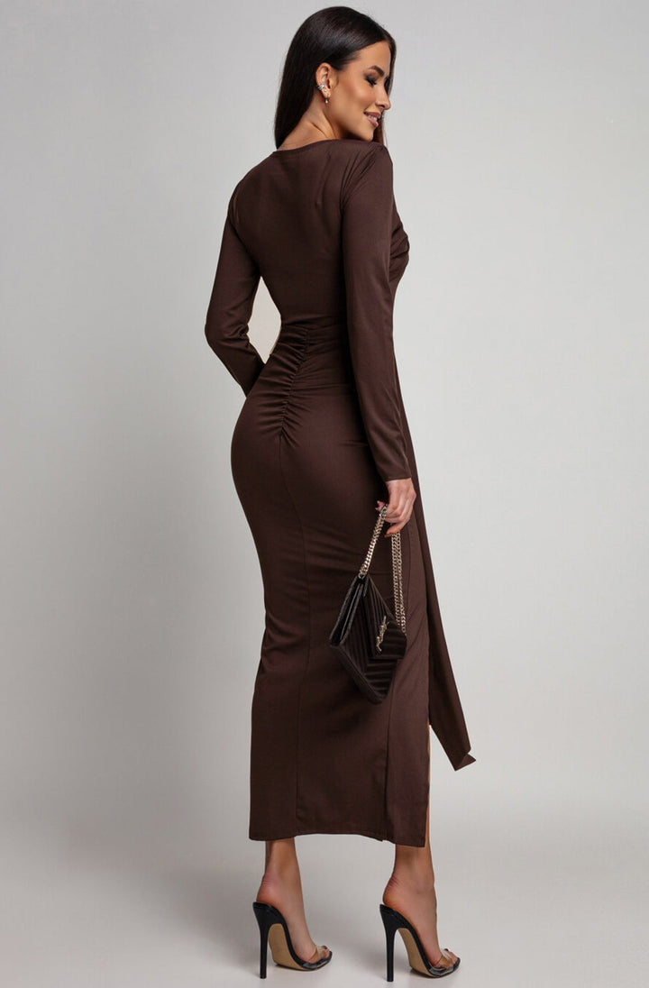 Dolly Draped Ruffle Front Midaxi Dress-Brown