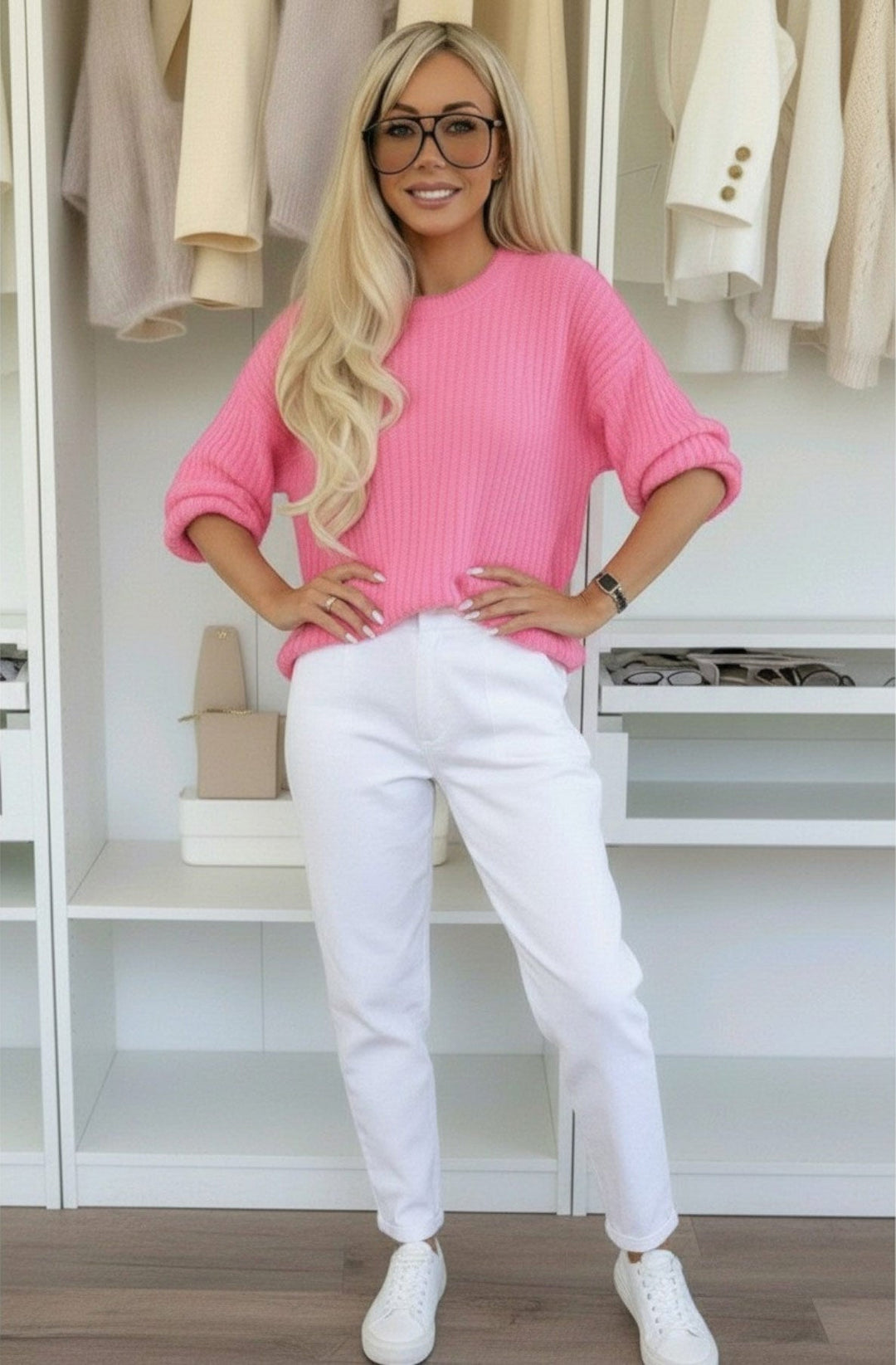 Donna Ribbed Relaxed Knit Jumper Top-Pink