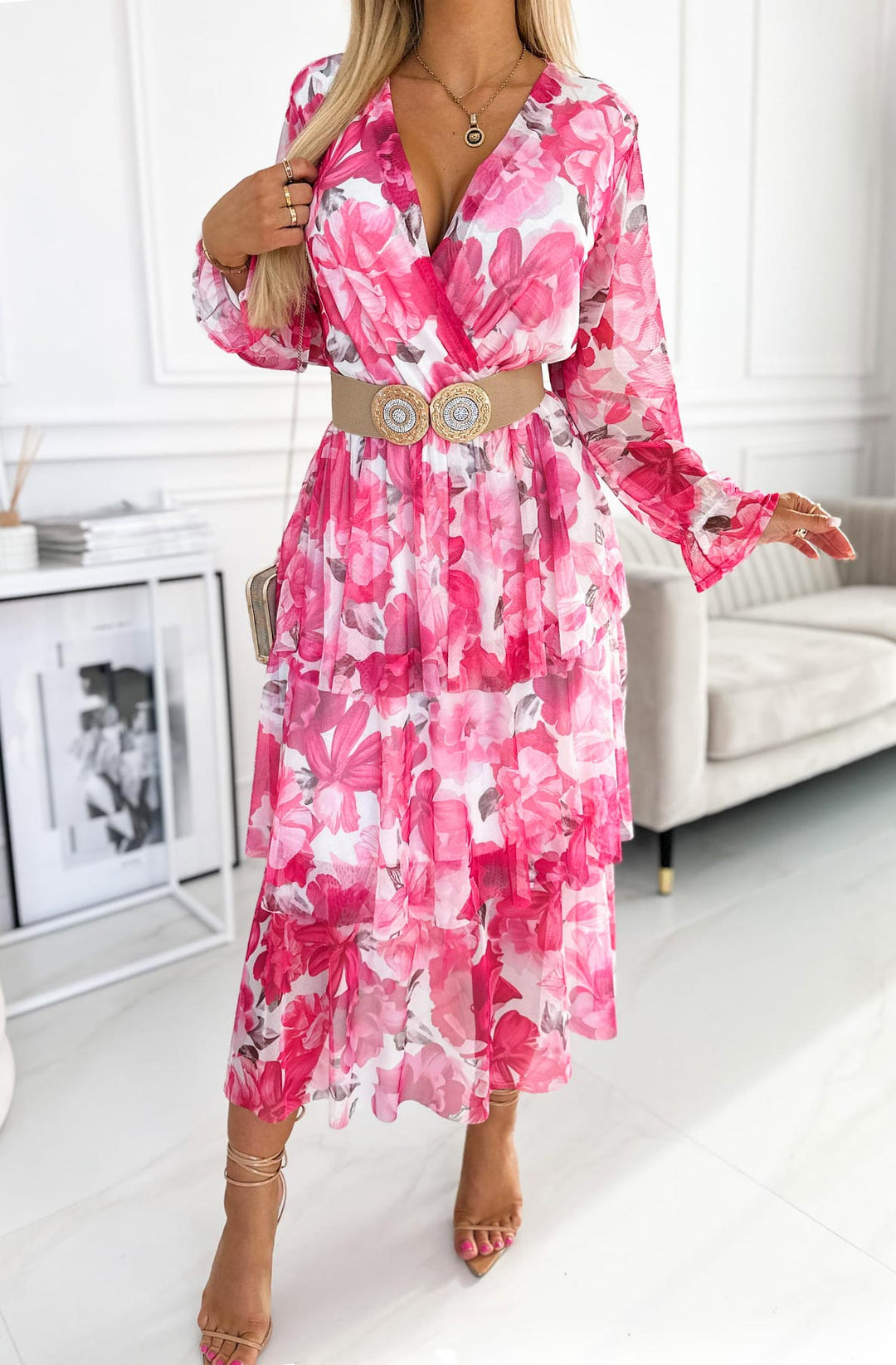 Edith Floral Chiffon Tiered Maxi Dress-Pink