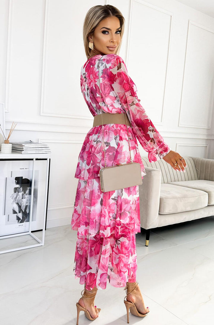 Edith Floral Chiffon Tiered Maxi Dress-Pink