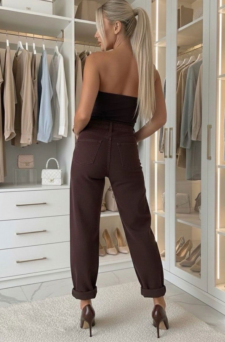 Elin High Raise Balloon Fit Denim Jeans-Brown