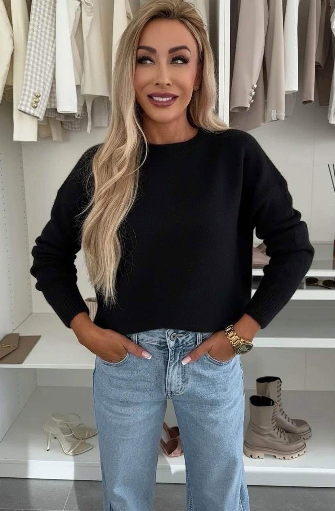 Elisha  Alpaca Lightweight Knitted Jumper Sweater-Black