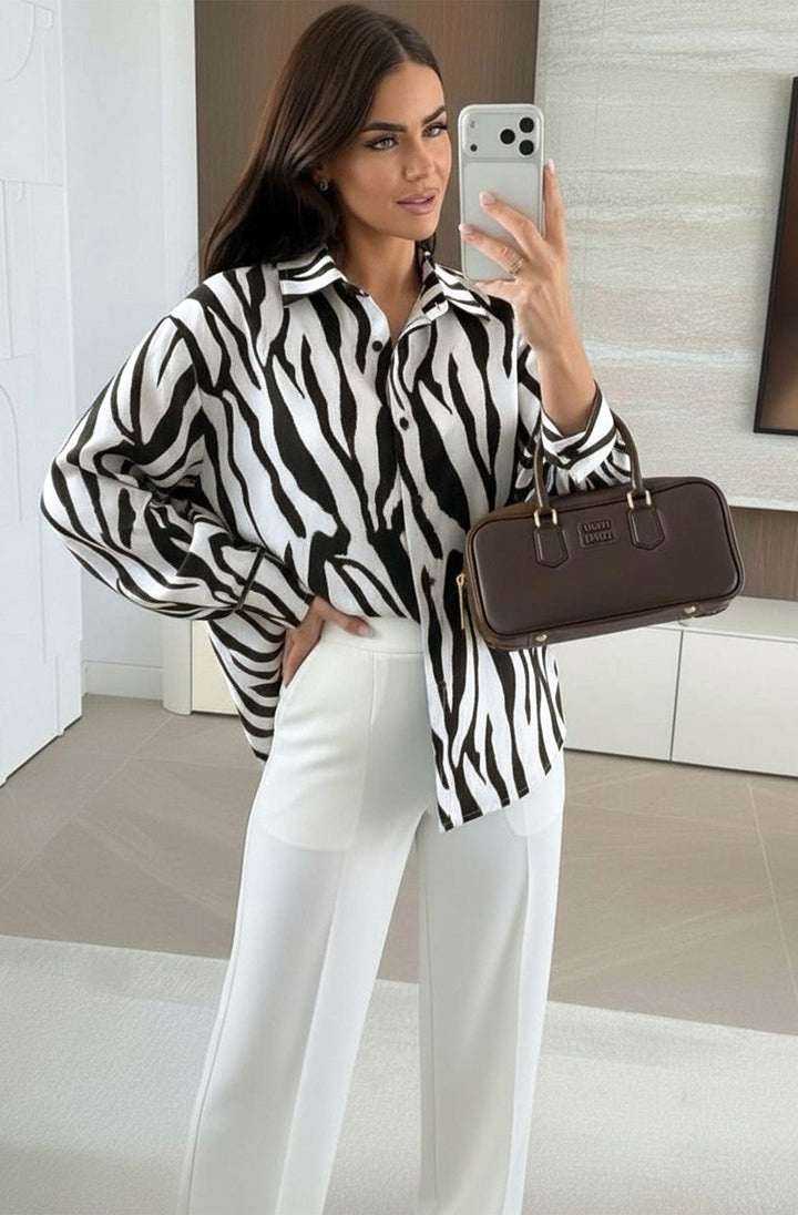 Elona Oversized Abstract Zebra Print Long Sleeve Shirt Top