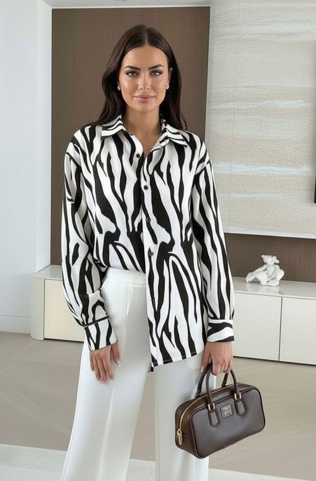 Elona Oversized Abstract Zebra Print Long Sleeve Shirt Top