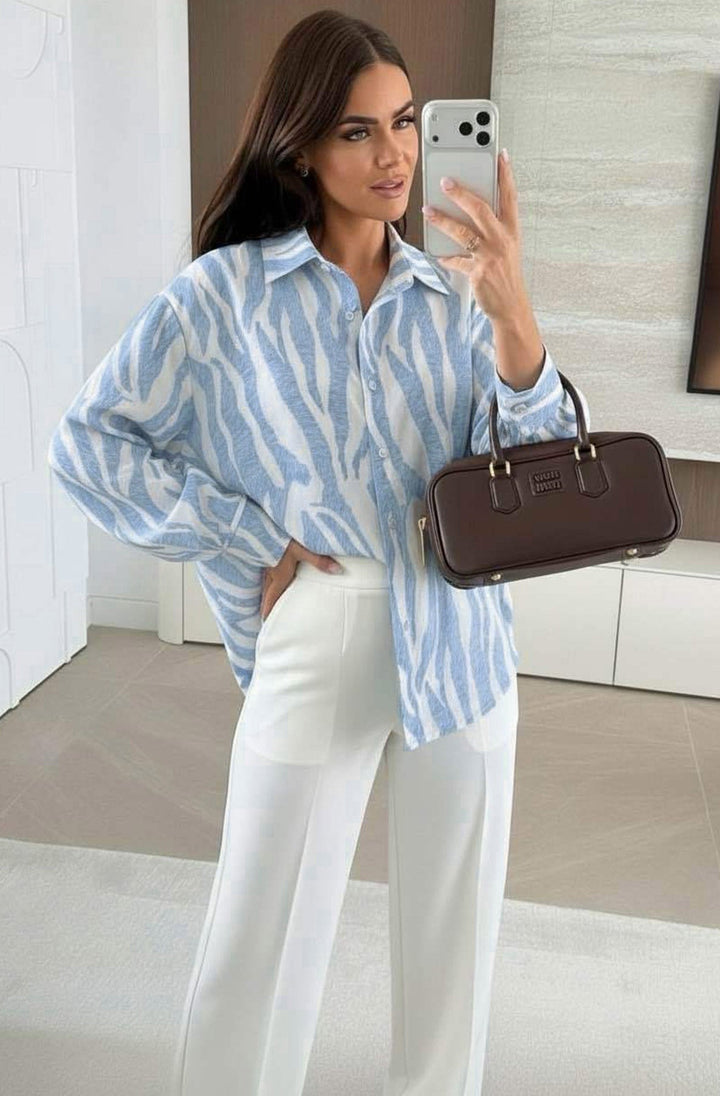 Elona Oversized Abstract Zebra Print Long Sleeve Shirt Top