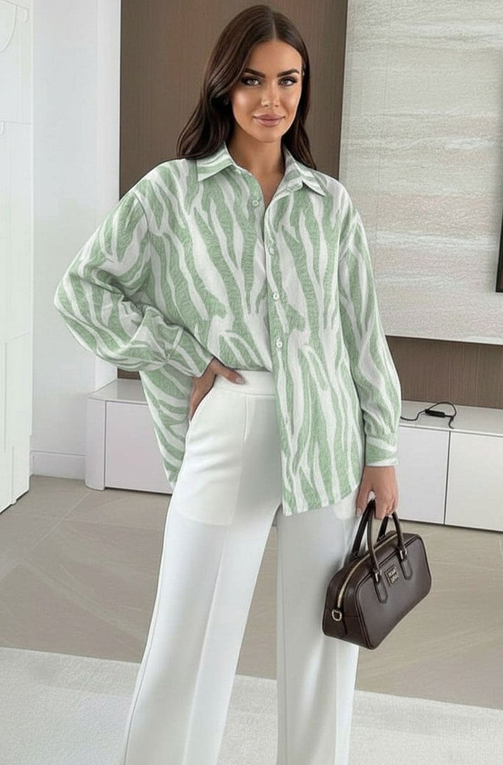 Elona Oversized Abstract Zebra Print Long Sleeve Shirt Top-Khaki
