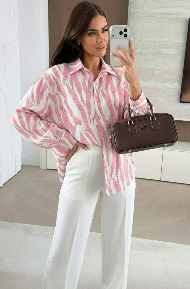 Elona Oversized Abstract Zebra Print Long Sleeve Shirt Top