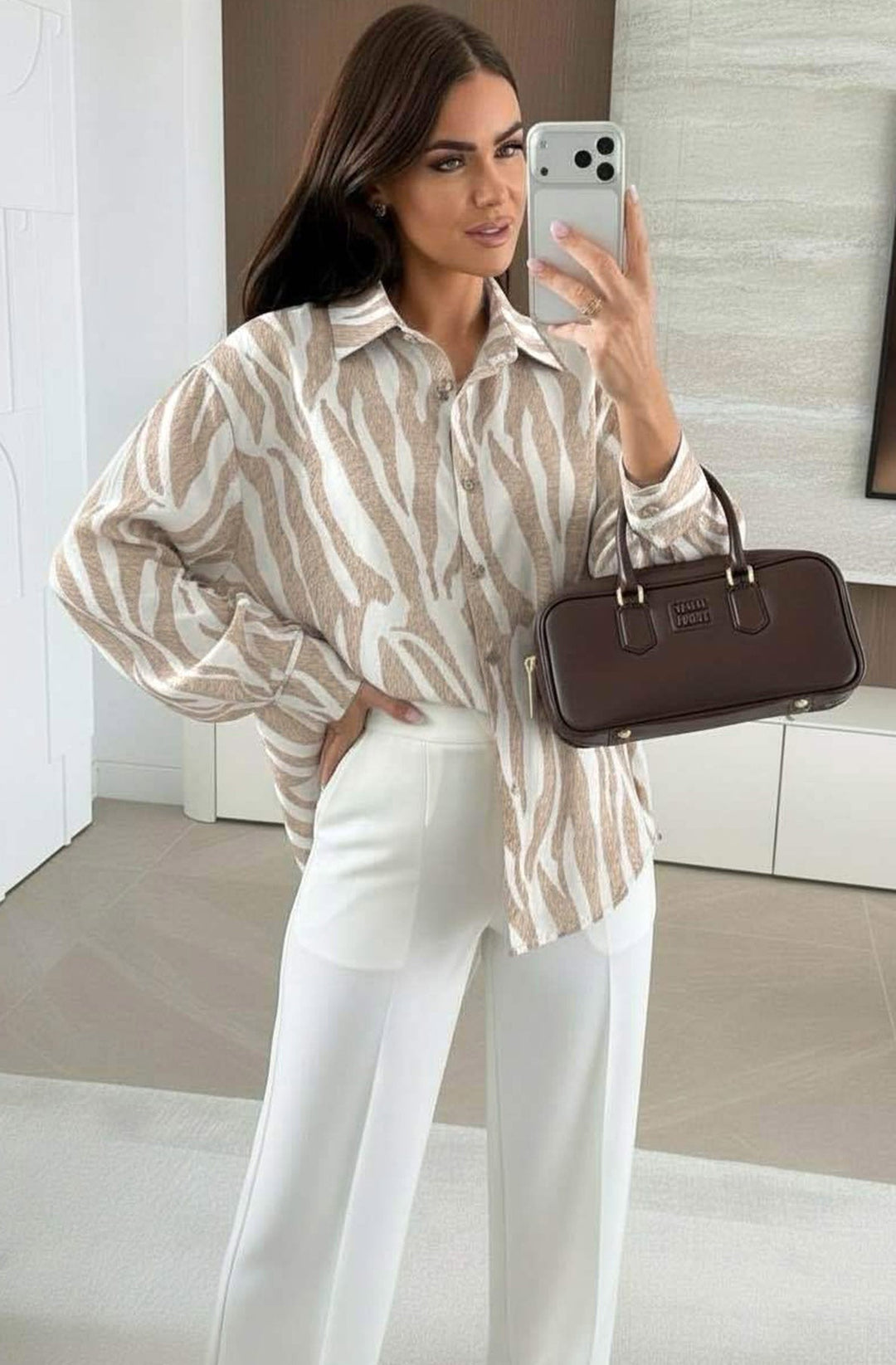 Elona Oversized Abstract Zebra Print Long Sleeve Shirt Top