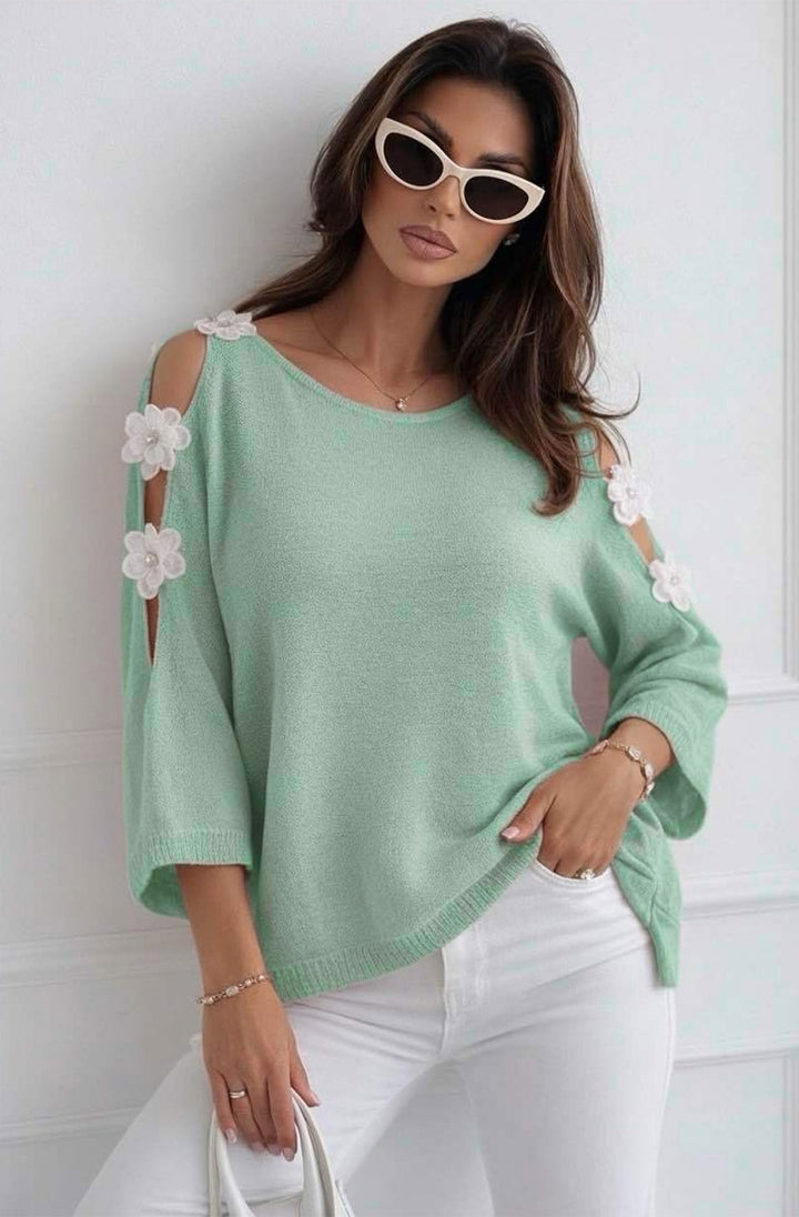 Emma Floral Appliqué Cold Shoulder Lightweight Open Knit Top-Sage