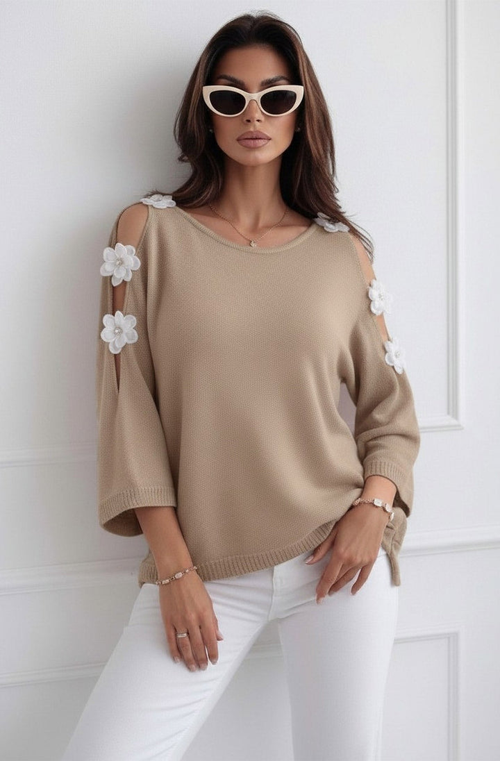Emma Floral Appliqué Cold Shoulder Lightweight Open Knit Top-Stone