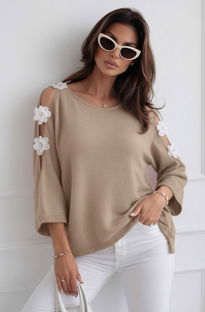 Emma Floral Appliqué Cold Shoulder Lightweight Open Knit Top-Stone