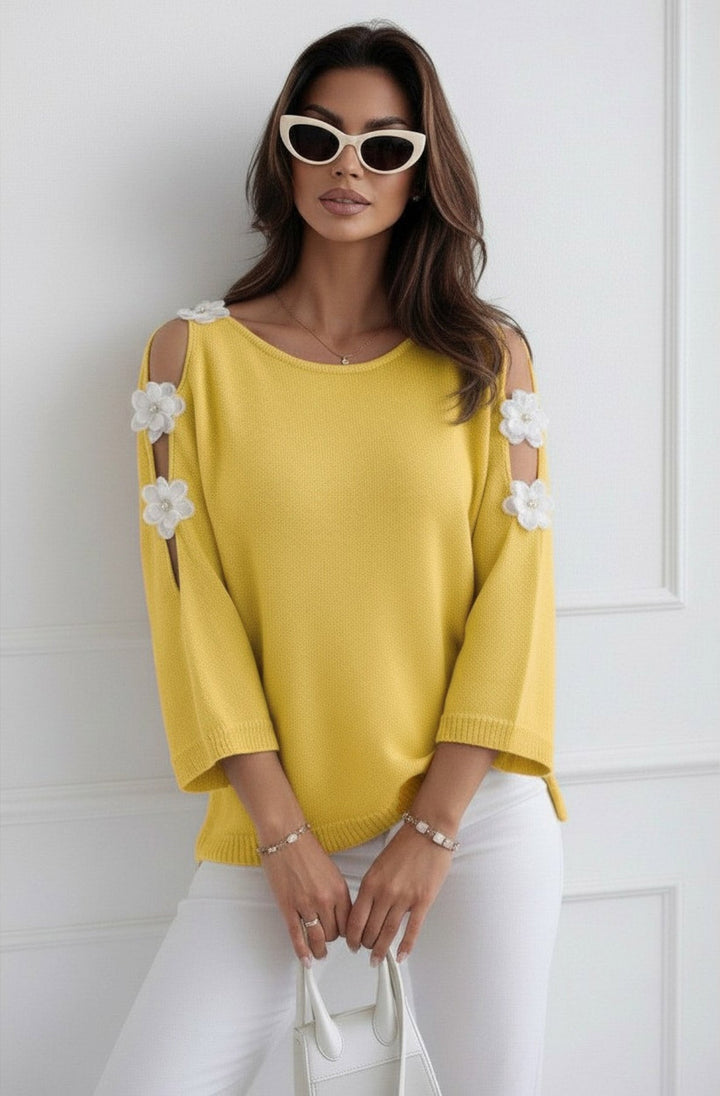 Emma Floral Appliqué Cold Shoulder Lightweight Open Knit Top-Yellow