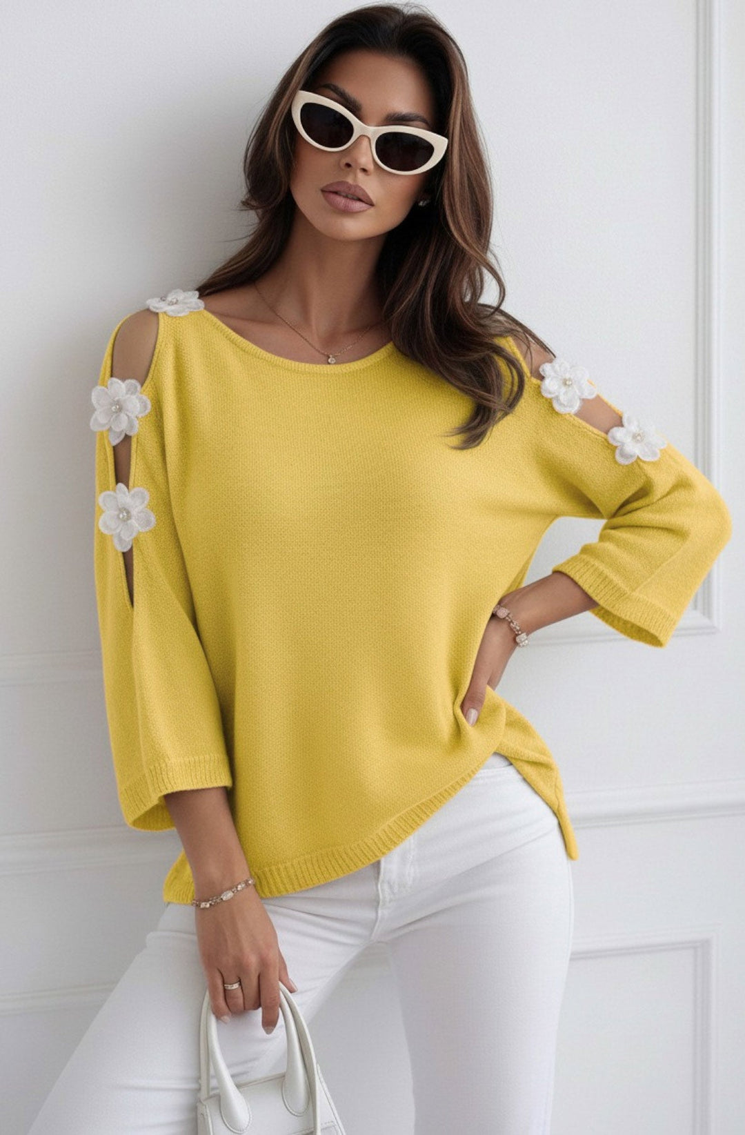 Emma Floral Appliqué Cold Shoulder Lightweight Open Knit Top-Yellow