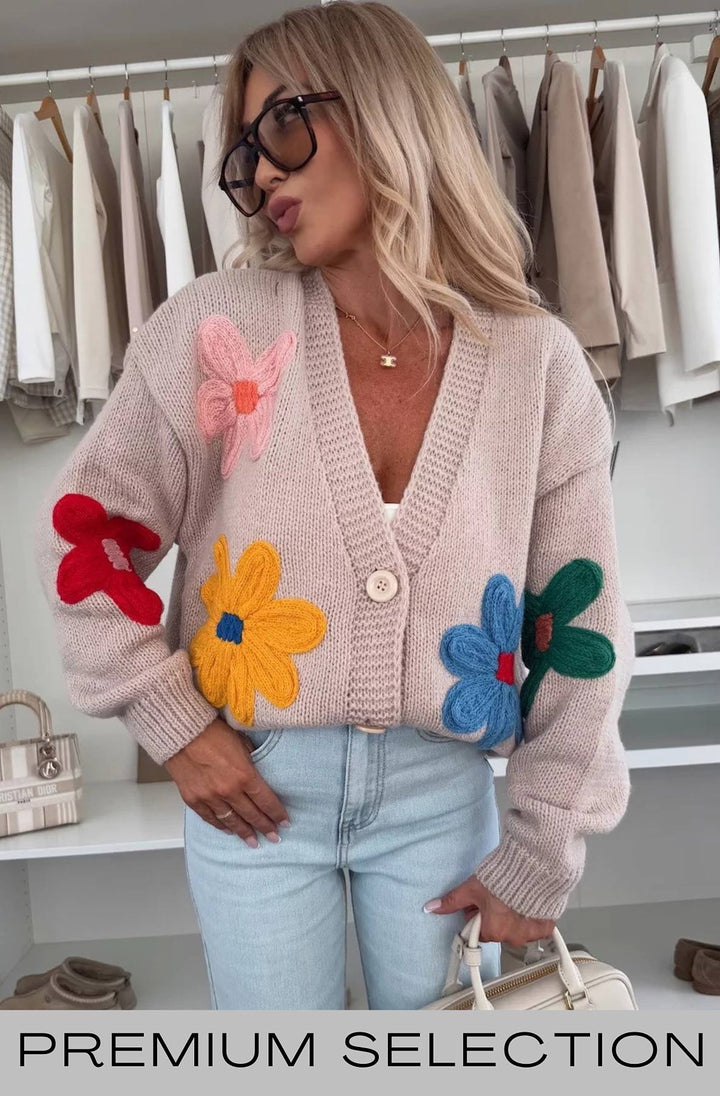 Enya 'Flower' Applique Embroidered Knitted Cardigan-Stone