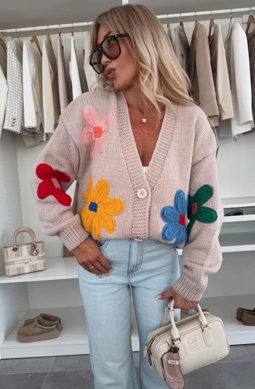 Enya 'Flower' Applique Embroidered Knitted Cardigan-Stone