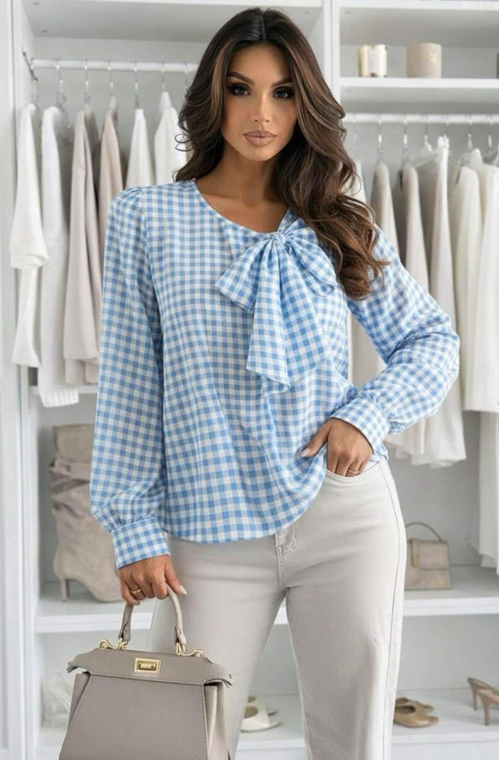 Eva Gingham Bow Neck Long Sleeve Blouse Top