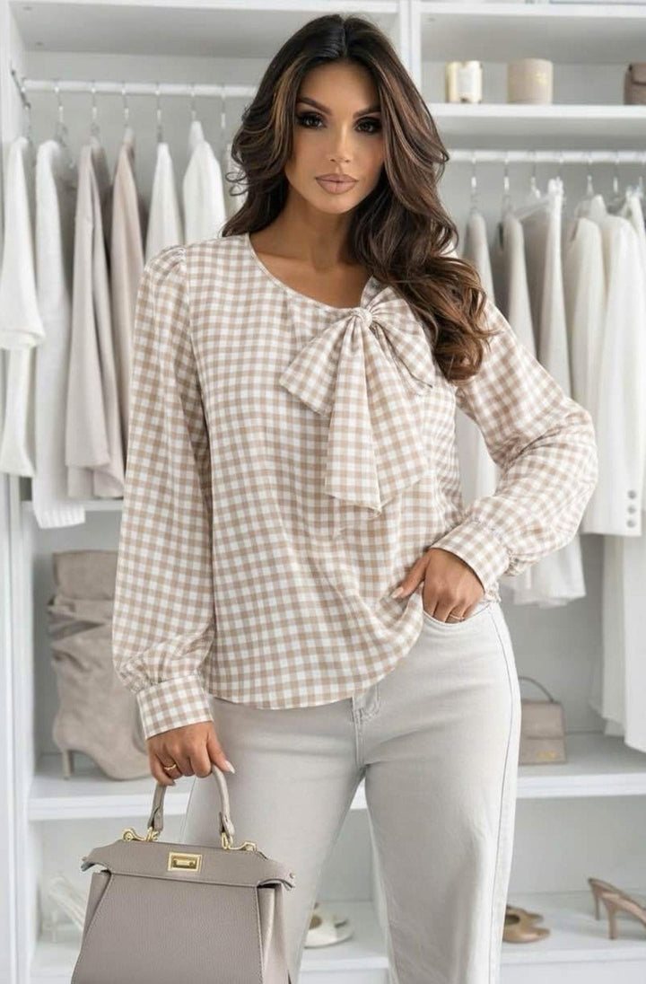 Eva Gingham Bow Neck Long Sleeve Blouse Top