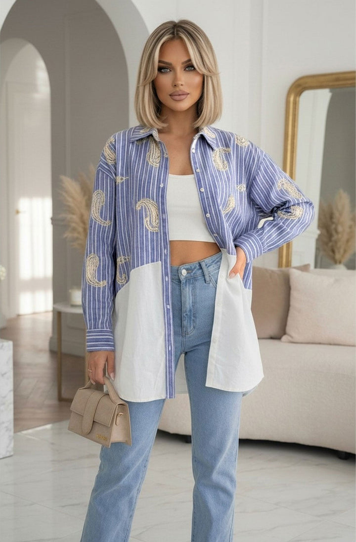 Evie Contrast Panel Embroidered Paisley Stripe Long Sleeve Shirt-Blue
