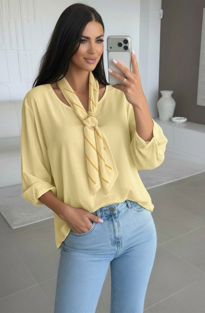 Ezra High Low Crew Neck Scarf Blouse Top