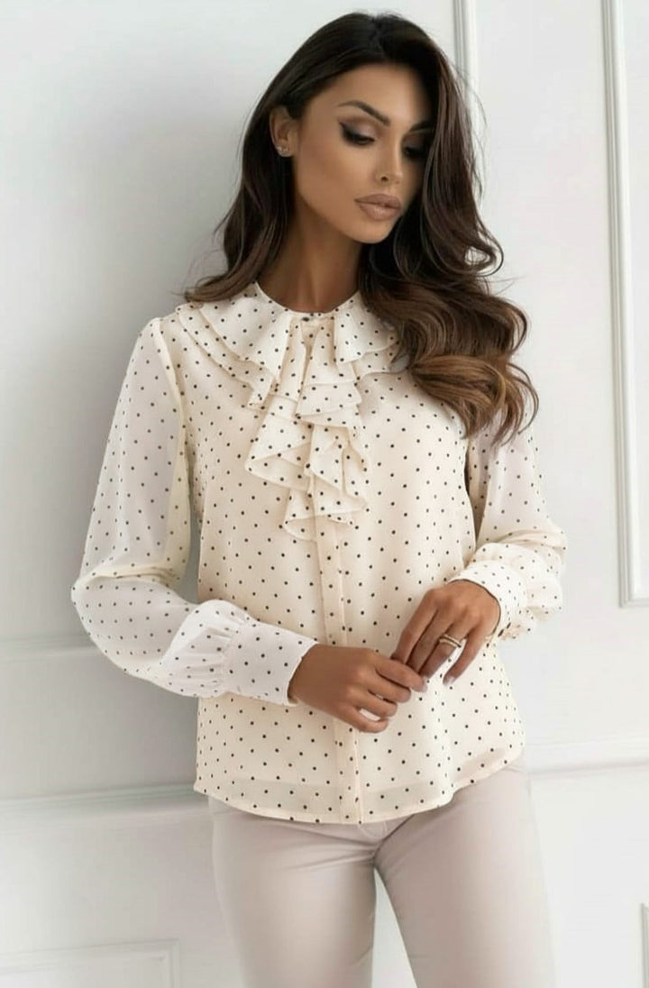 Florin Polka Dot Ruffle Collar Sheer Blouse Top-Cream