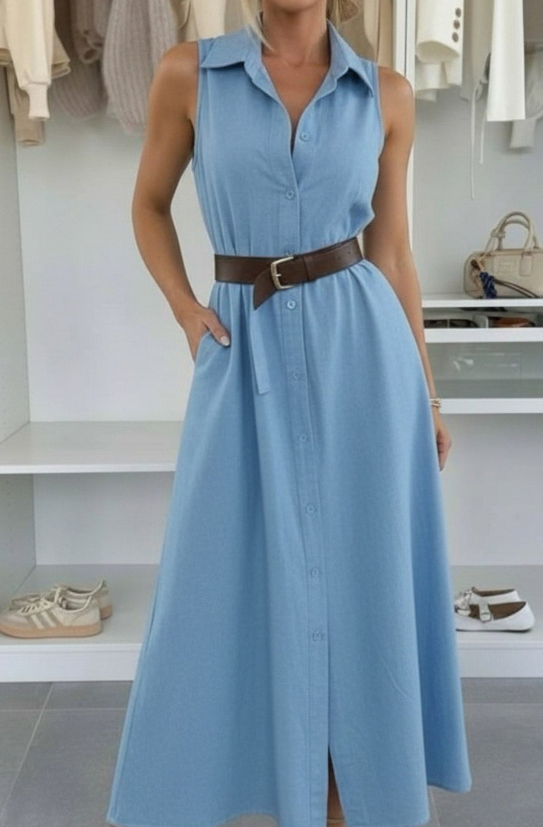 Gabi Sleeveless Pocket Belted Maxi Shirt Dress-Blue