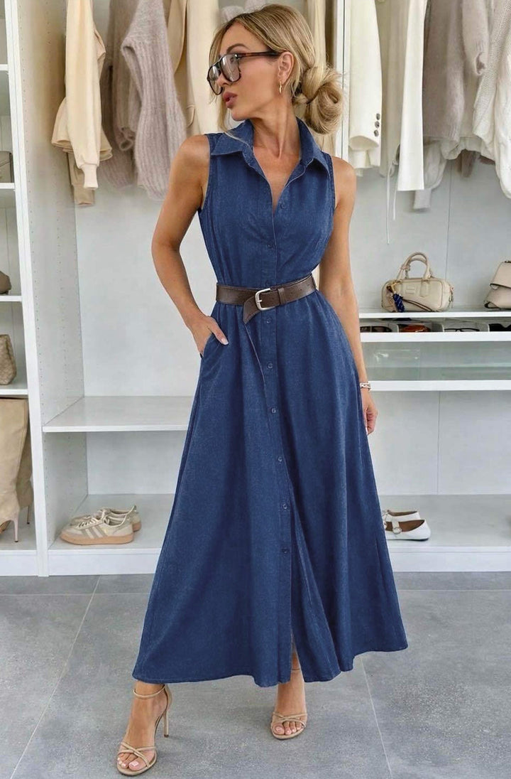 Gabi Sleeveless Pocket Belted Maxi Shirt Dress-Navy