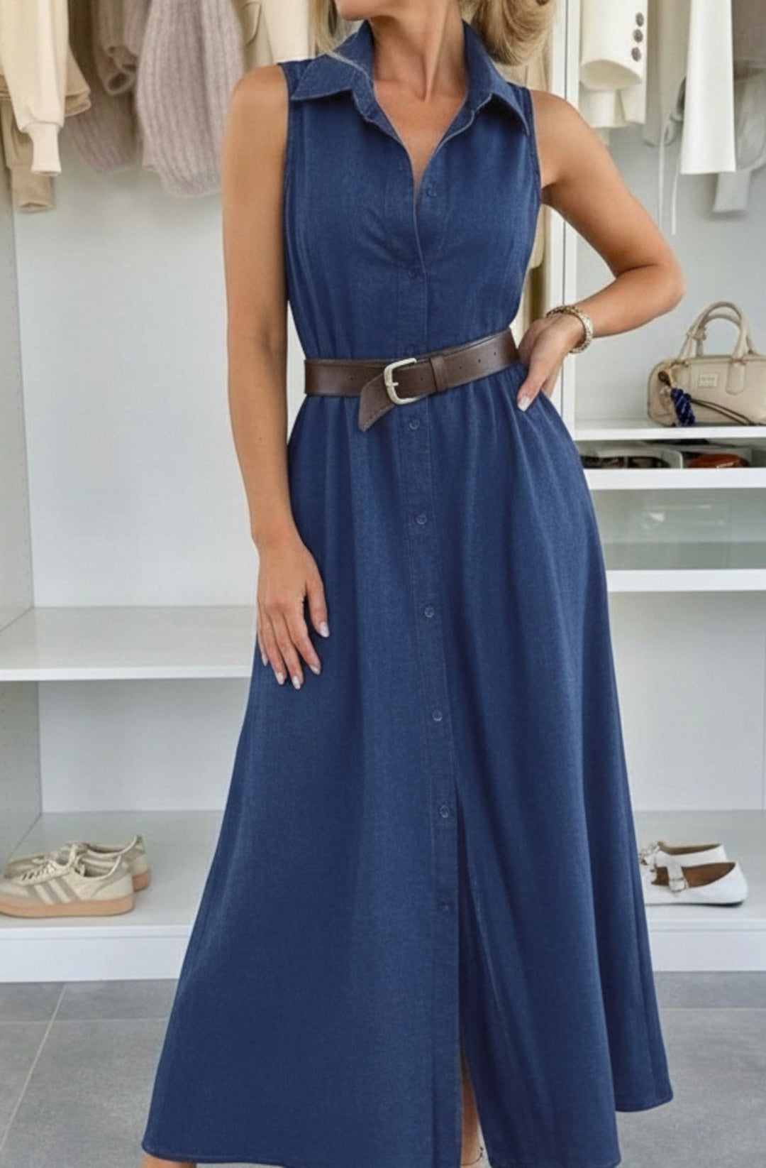 Gabi Sleeveless Pocket Belted Maxi Shirt Dress-Navy