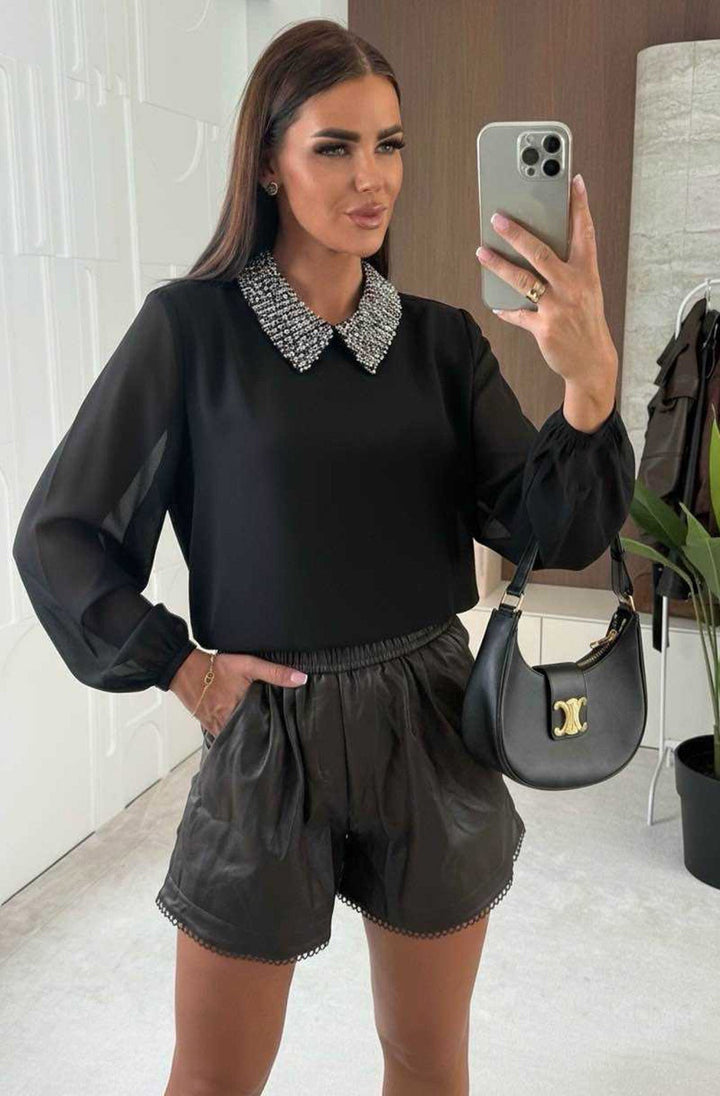 Gina Sequin Embellished Collar Blouse Top-Black