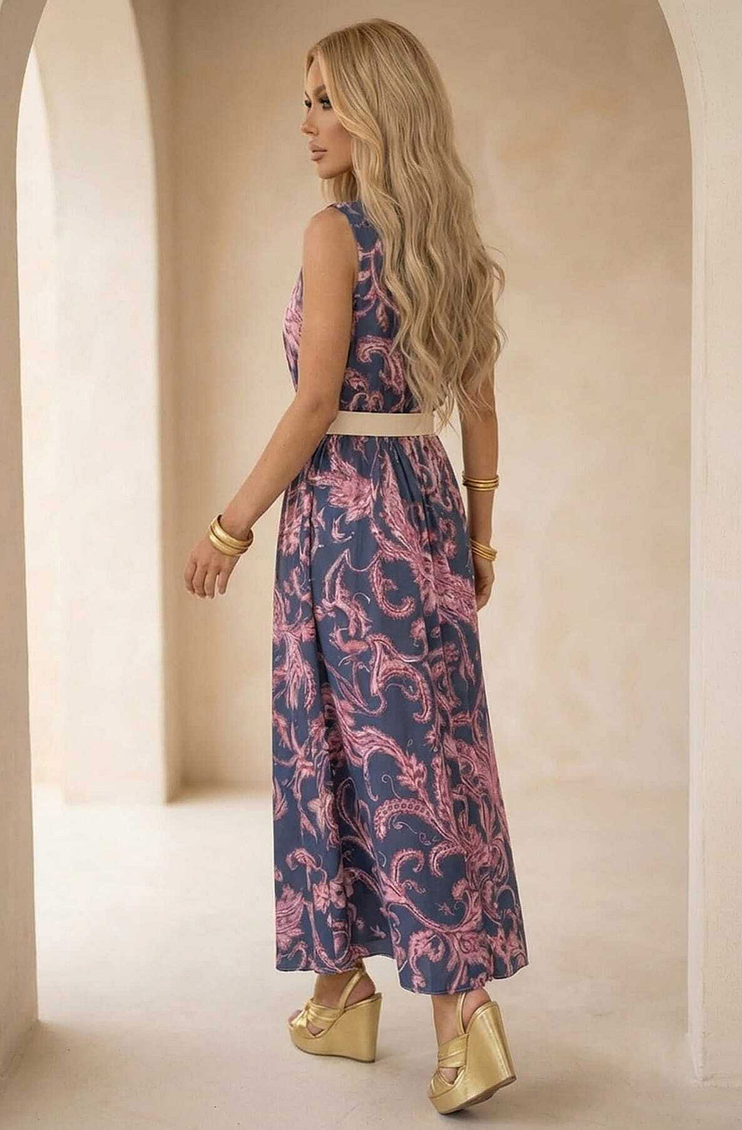 Ginnie Paisley Print Belted Sleeveless Tiered Midaxi Dress