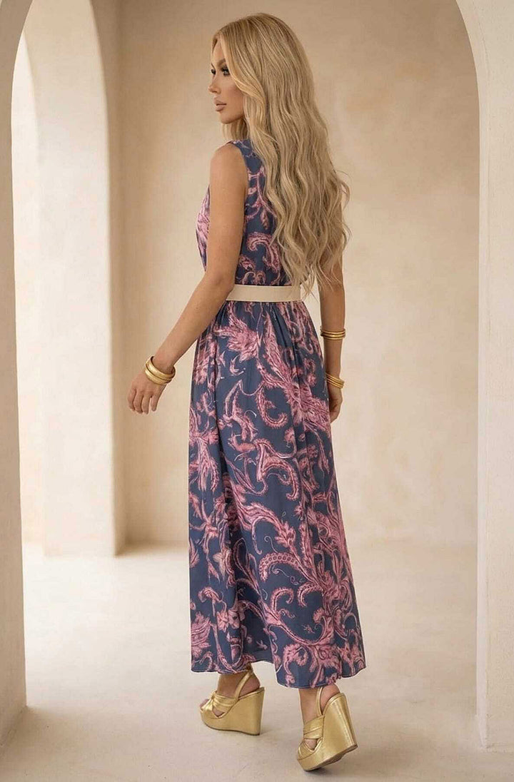 Ginnie Paisley Print Belted Sleeveless Tiered Midaxi Dress
