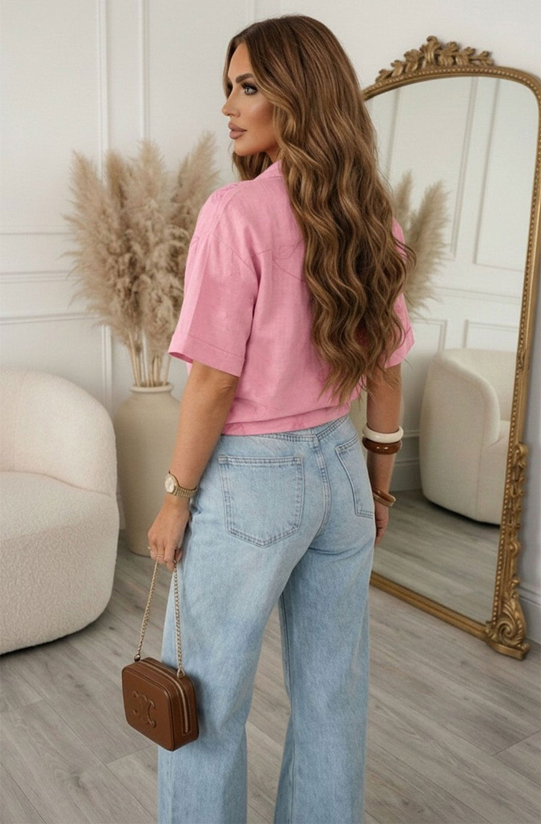 Giselle Embroidered Floral Lightweight Tie Front Shirt Blouse-Pink