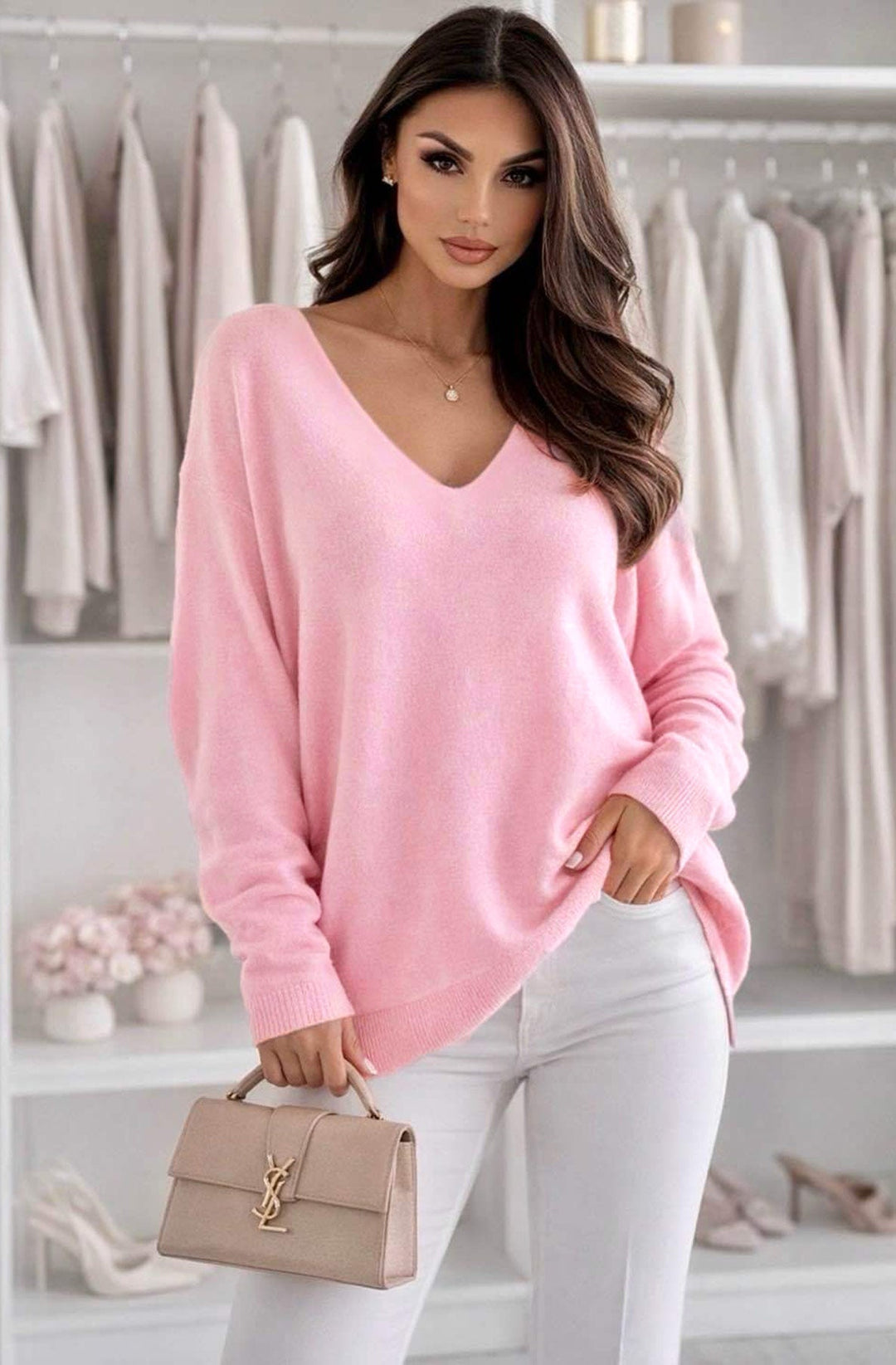 'GOOD VIBES' Appliqué Letters Oversized V-Neck Light Knit Sweater Jumper -Baby Pink