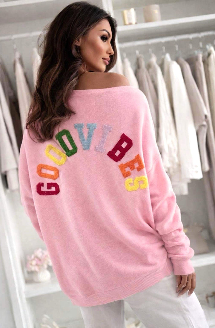 'GOOD VIBES' Appliqué Letters Oversized V-Neck Light Knit Sweater Jumper -Baby Pink