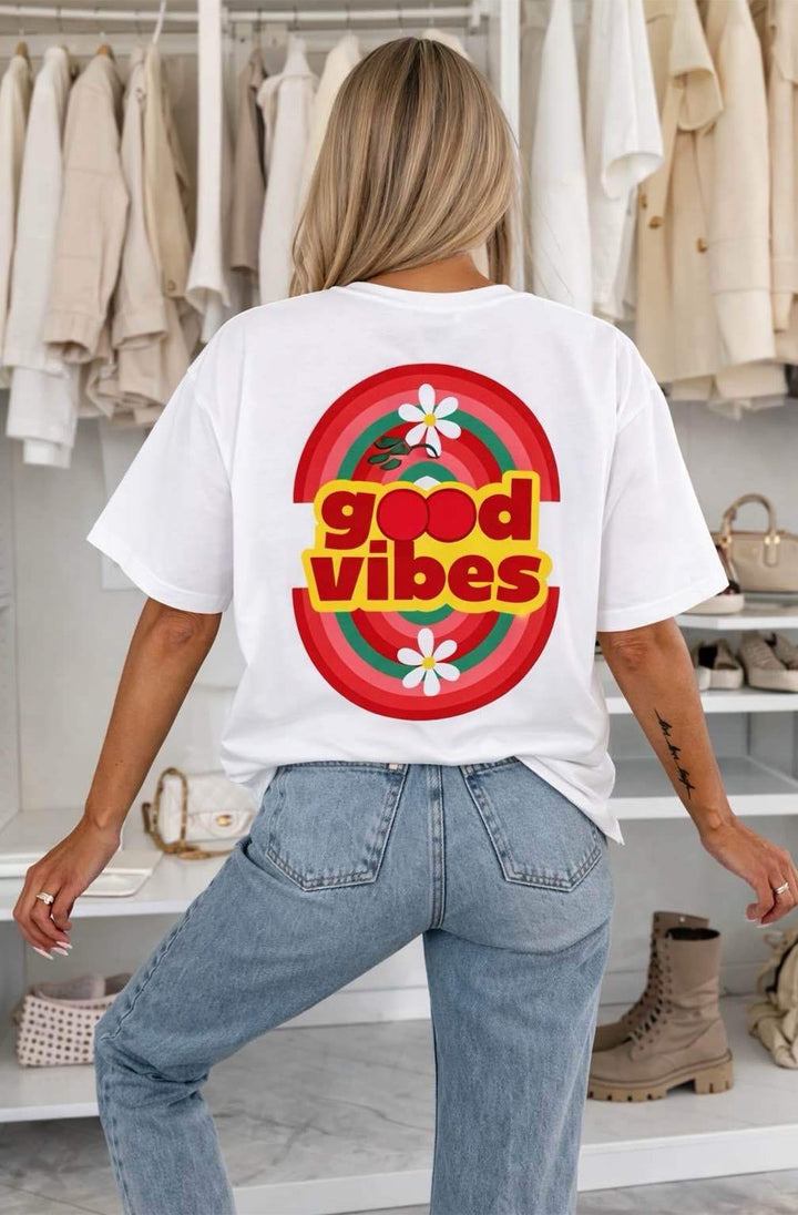 ‘Good Vibes’🌈 Oversized Front & Back Graphic Print T-Shirt-Ivory