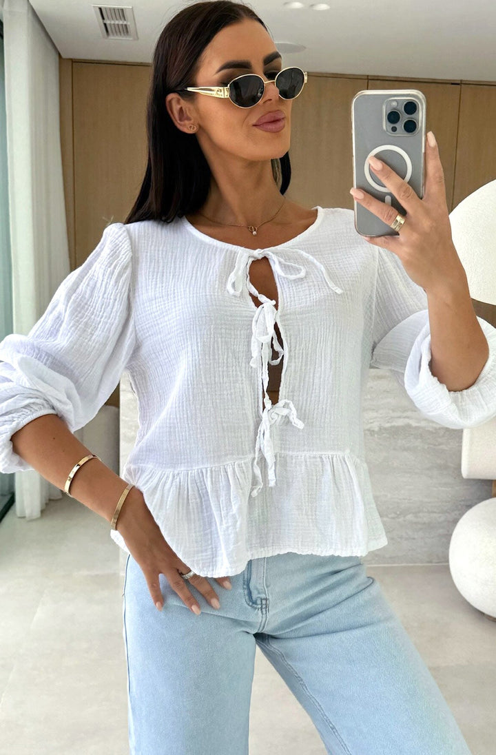 Gracie Cotton Gauze Style Front Tie-Up Top-Ivory