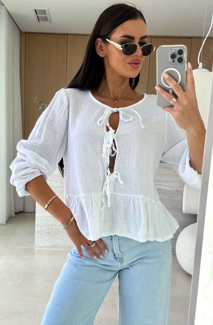 Gracie Cotton Gauze Style Front Tie-Up Top-Ivory